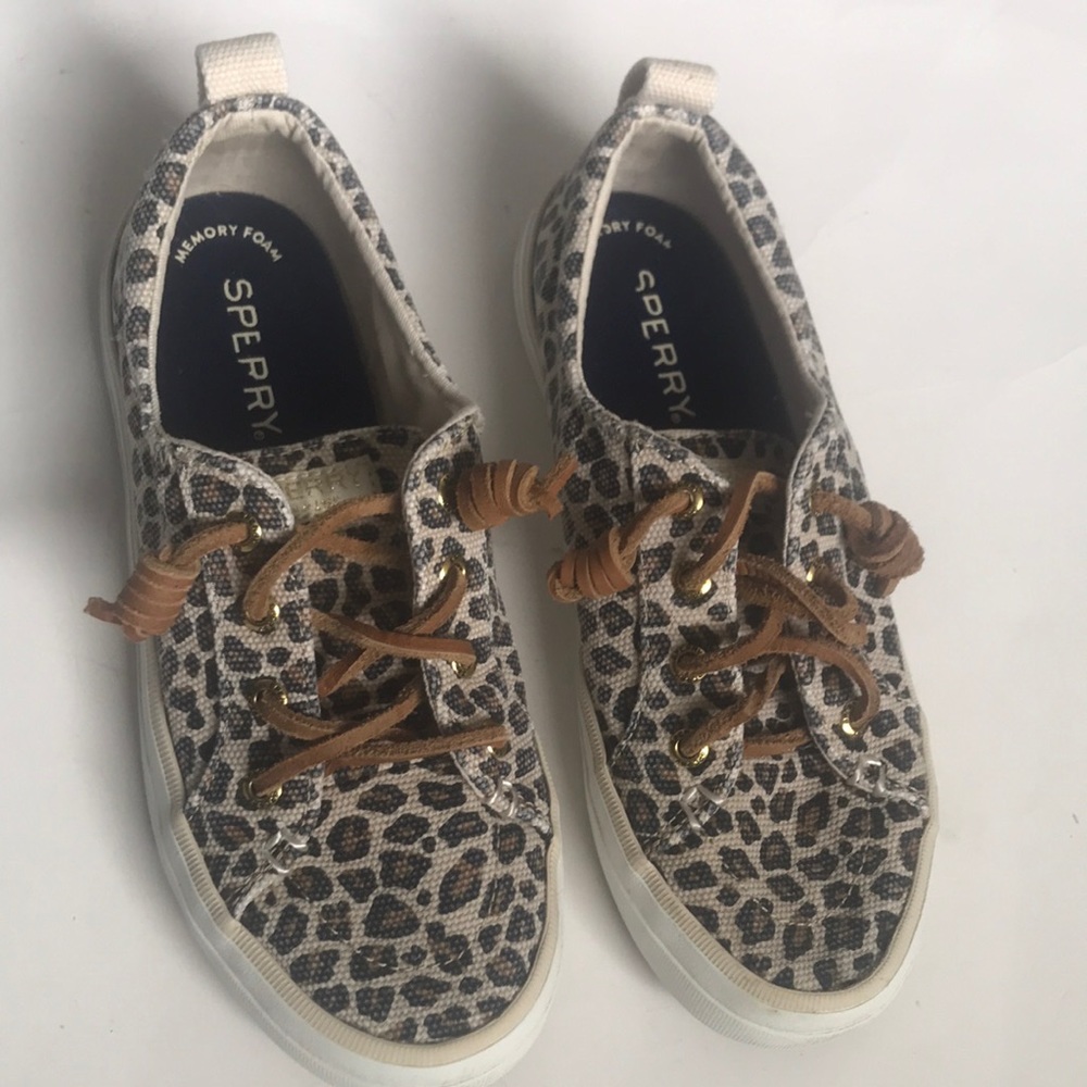 Sperry crest vibe women’s leather lace up leopard print shoes size 5 cle…